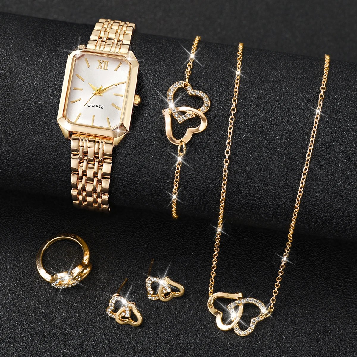 6PCS/Set Fashion Roma Dial Women Watches Ladies Rectangle Quartz Wristwatch Rhinestone Jewelry Set Reloj Mujer (Without Box)
