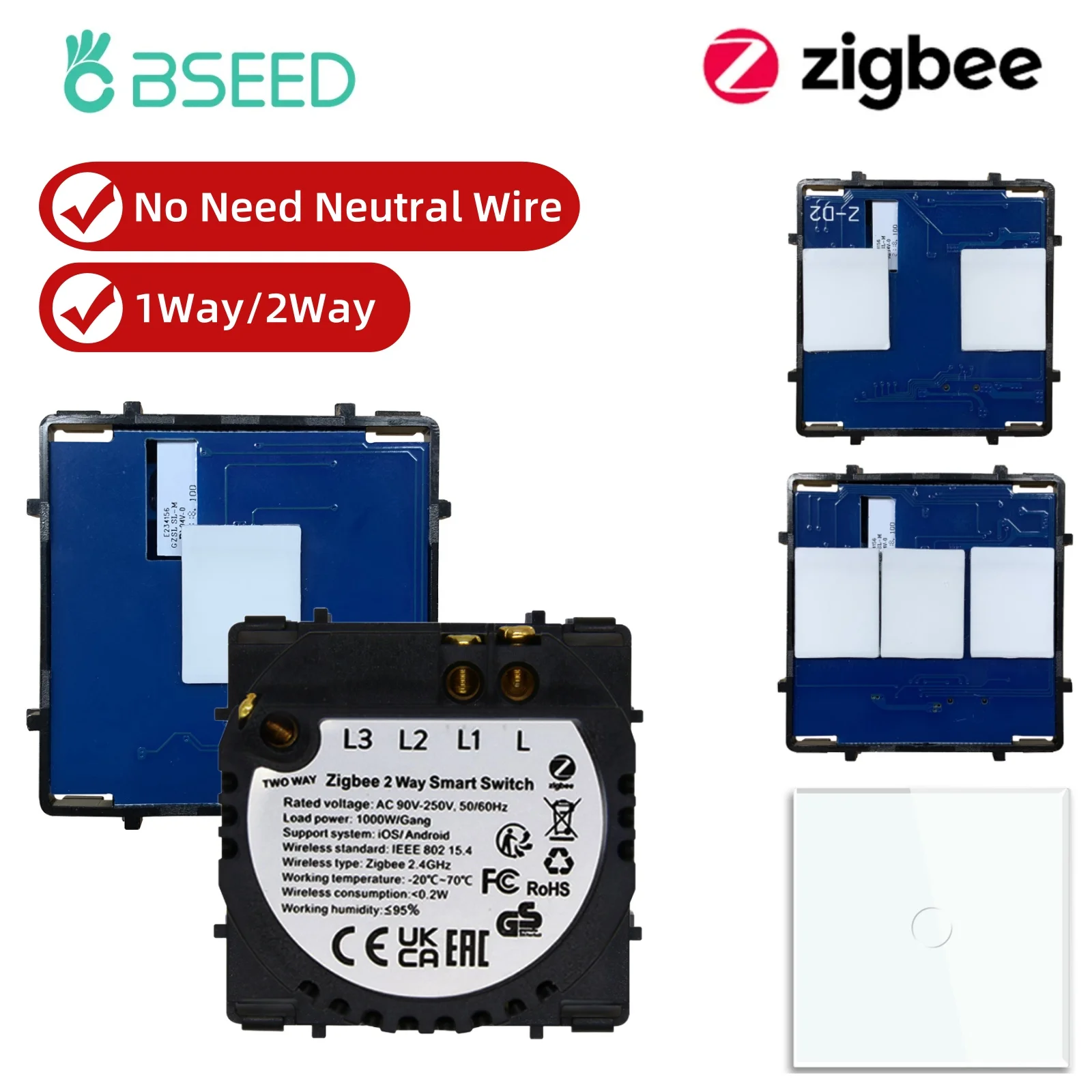 

BSEED Zigbee Smart Switch Modules 1/2/3Gang Touch Light Switch 1/2Way Single Line Function Part Smart Home Tuya Alexa Control
