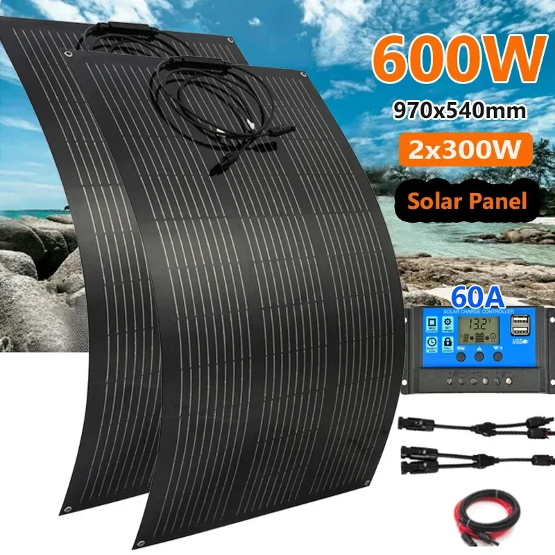 

600W 300W Solar Panel Kit 18V Flexible Solar Cell 60A Controller Energy Power Charger for Camping Yacht Motorhome RV Car Boat