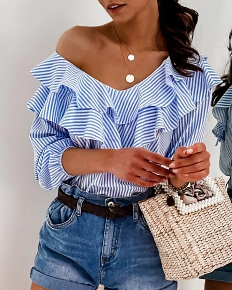 Women\'s Blouse OL Elegant Striped Plaid Off Shoulder Ruffle Long Sleeve Sexy Shirt Fashion Office Loose Casual Tops Streetwear