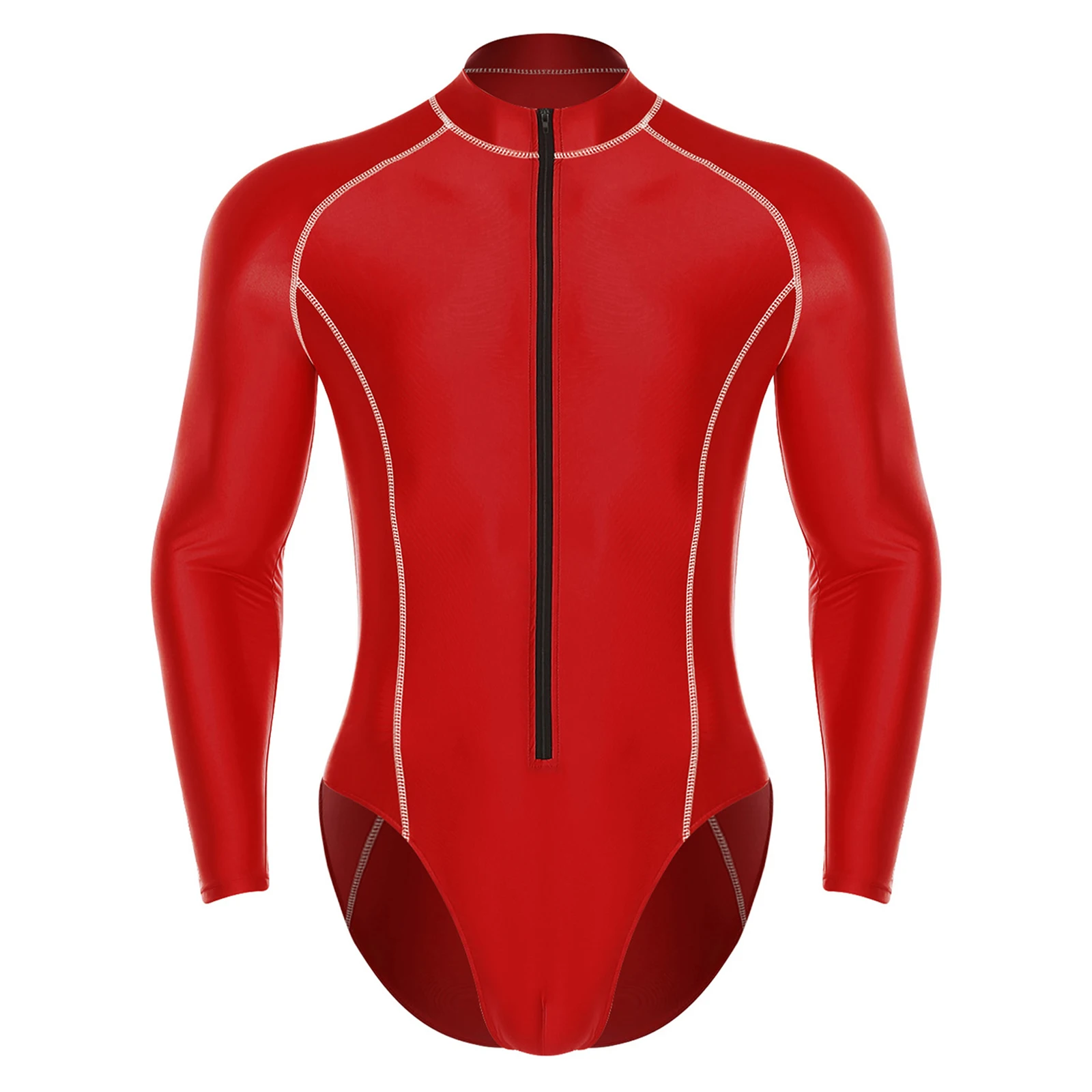 Mens Glossy Bodysuit One-piece Swimsuit Long Sleeve Zipper Leotard Beach Rash Guard Bathing Suit Gym Workout Fitness Sportswear