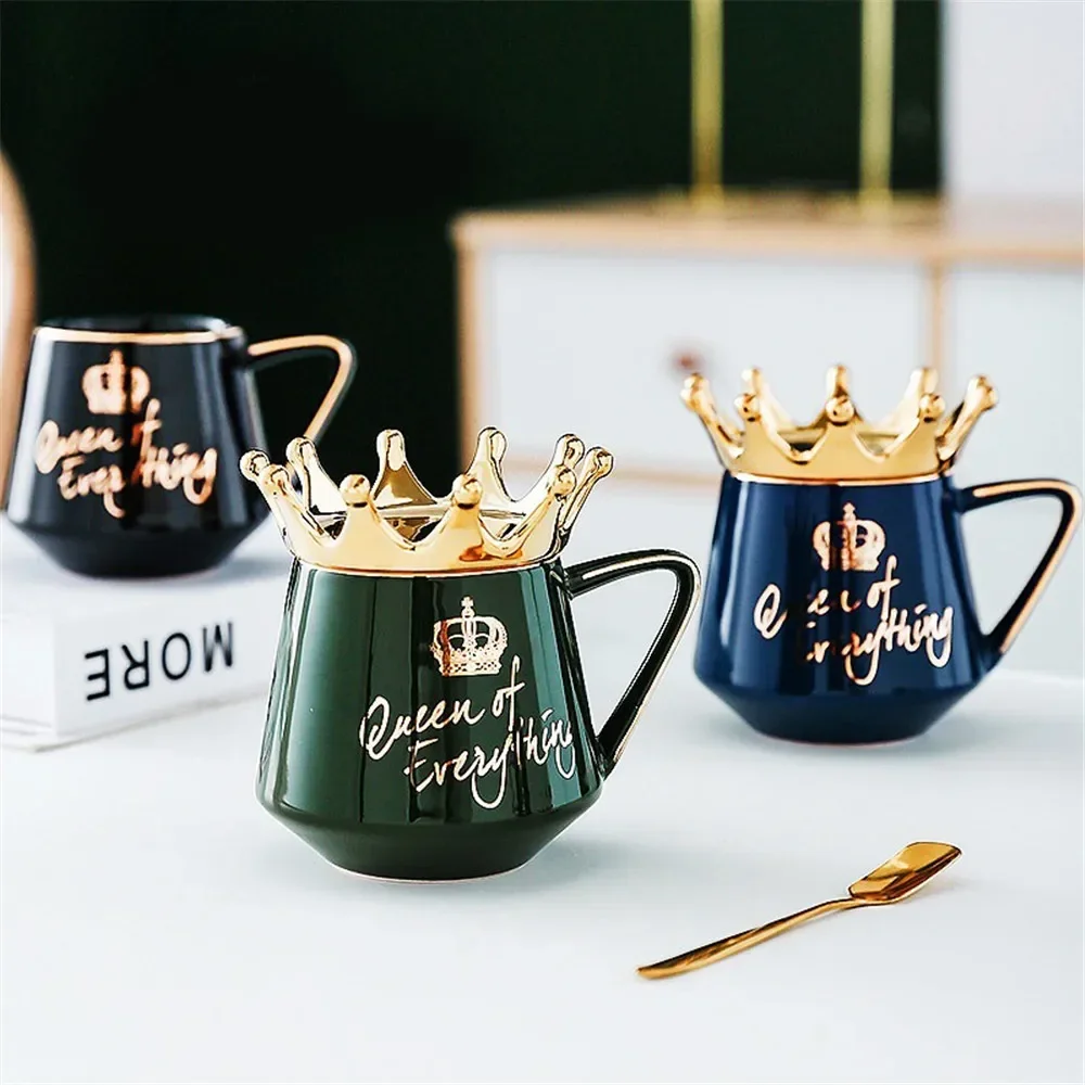 Queen of Everything Mug with Crown Lid Spoon Ceramic Coffee Cup Gift for Girlfriend Wife Crown Lid Mug Wake Bake Water Bottom