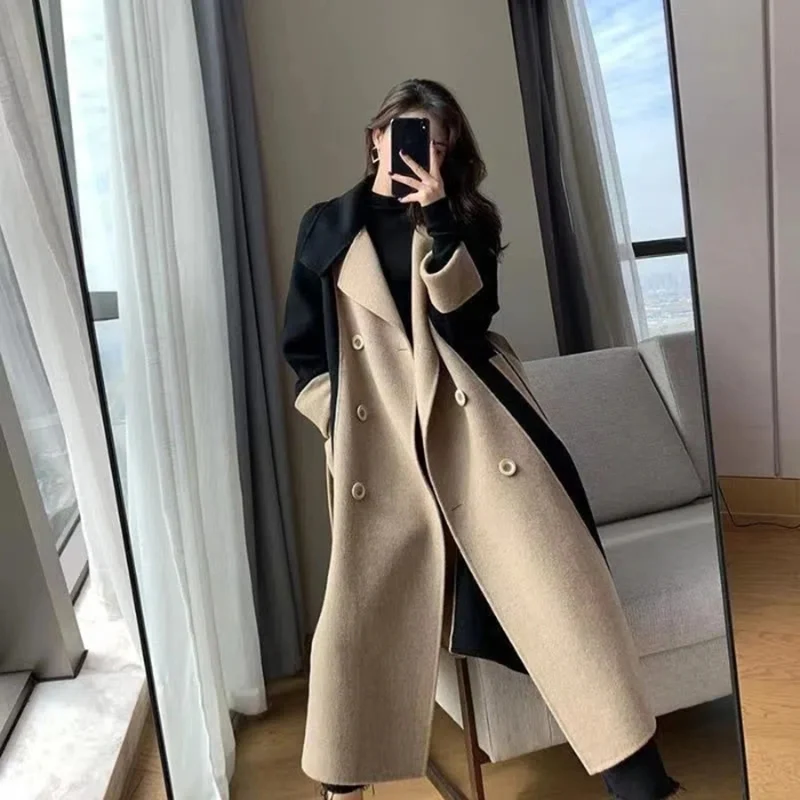 Losse Overjas Halflange Stijl Contrasterende Kleur Stijl Elegant Temperament Riem Overjas 2024 Herfst Winter Nieuwe Dameskleding