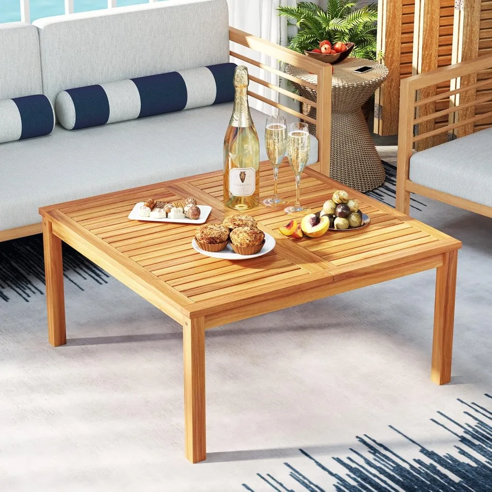 

Wood Outdoor Coffee Table - 35.5’’ Square Patio Tables w/Slatted Tabletop & Solid Legs, Patio Dining for Balcony Gard