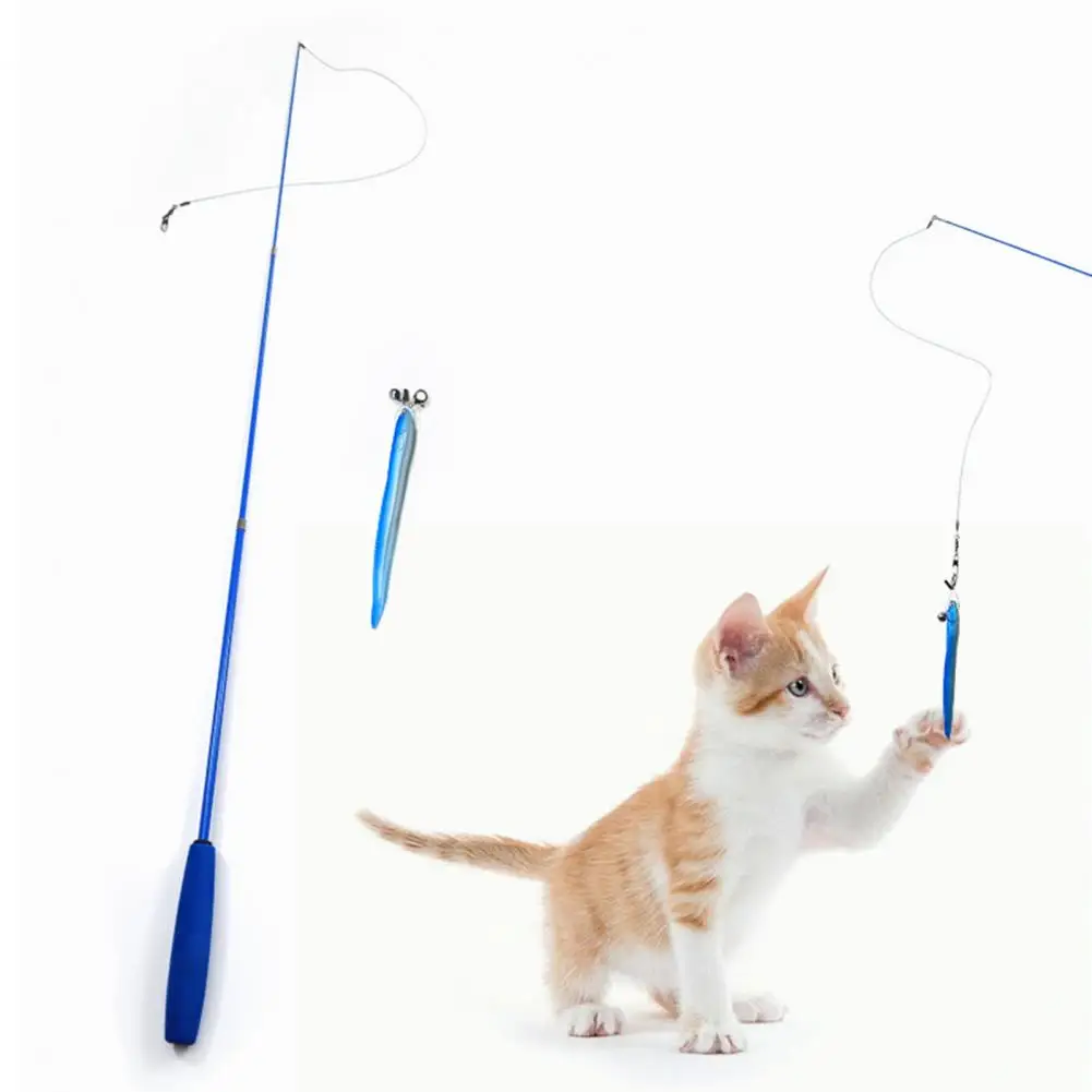 Cat Toy Cat Teaser Stick with Replaceable Bionic Fish Toy Crisp Bell Three-section Telescopic Wand for Kitten Catcher Play