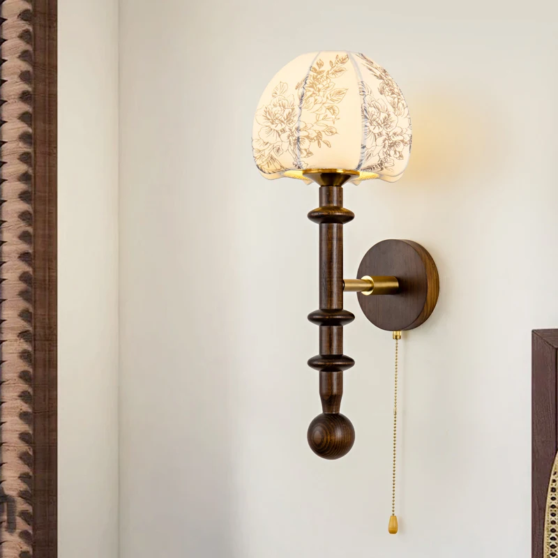 

Chinese Style Vintage Wall Lamp Fabric Lampshade Solid Wood Wall Sconce Retro Led Wall Lights For Home Art Decor Indoor Lighting