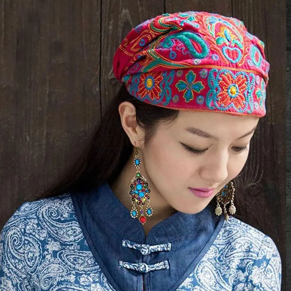 

Fashion Embroidery Flowers Bandanas Mexican Style Vintage Headscarf Ethnic Breathable Beanie Hat for Women