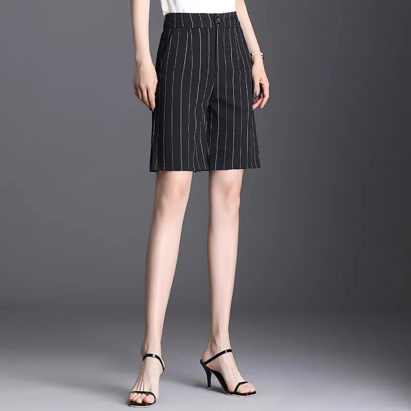 

Korea Striped New Five Cent Women Wear High Waist Sagging Loose Straight Trousers Suit Wide Leg Shorts Casual Fat MM 5X