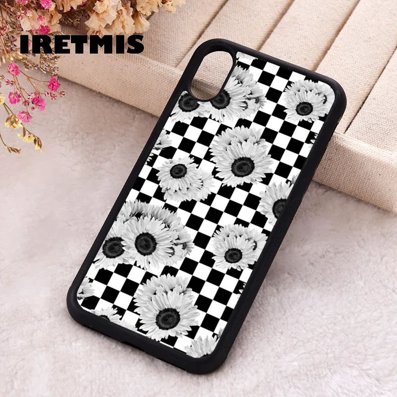 Iretmis Phone Cover Case For iPhone X XS Max XR 11 12 13 PRO MINI 14 15 16 Plus Rubber grey sunflower floral checkered print