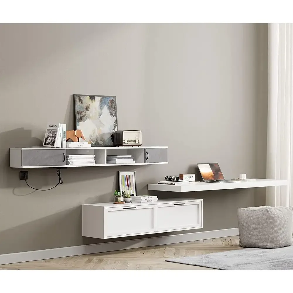 Floating TV Stand for 32-80 Inch TVs with Charging Station, Suitable for Living Room and Bedroom, Grey