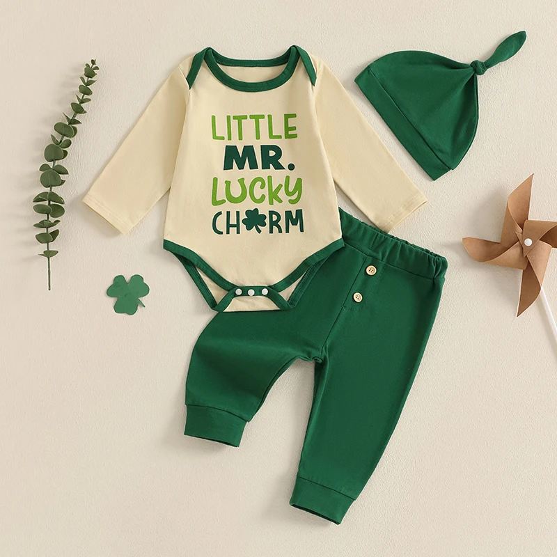 

St Patrick s Day Baby Boy Outfit Green Clover Print Romper Pants Hat Set 3 Piece Irish Festival Clothes for Infants