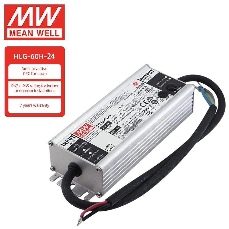 

MeanWell IP67 HLG 60H LED Driver 24V Single Output PFC Adjustable Switching Power Supply for LED Lighting Strip Lamp HLG-60H-24A