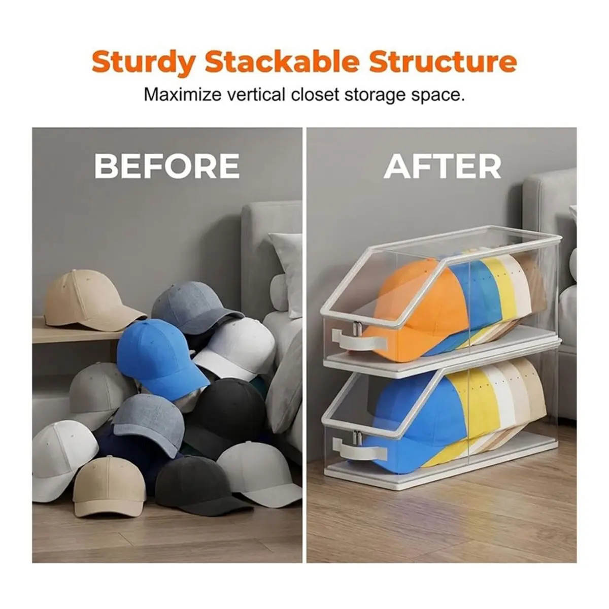 2PCS Stackable Hat Storage for Baseball Caps, Clear Hat Organizer for Closet Holds Up to 24 Caps, Men'S Hat Box Display