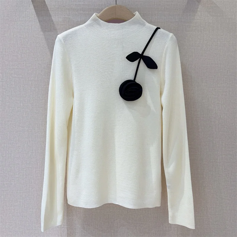 

Women's sweater 2025 Winter New elastic knitted slim fit long sleeved top wool blend pullover 3D flower decoration Knitwear y2k