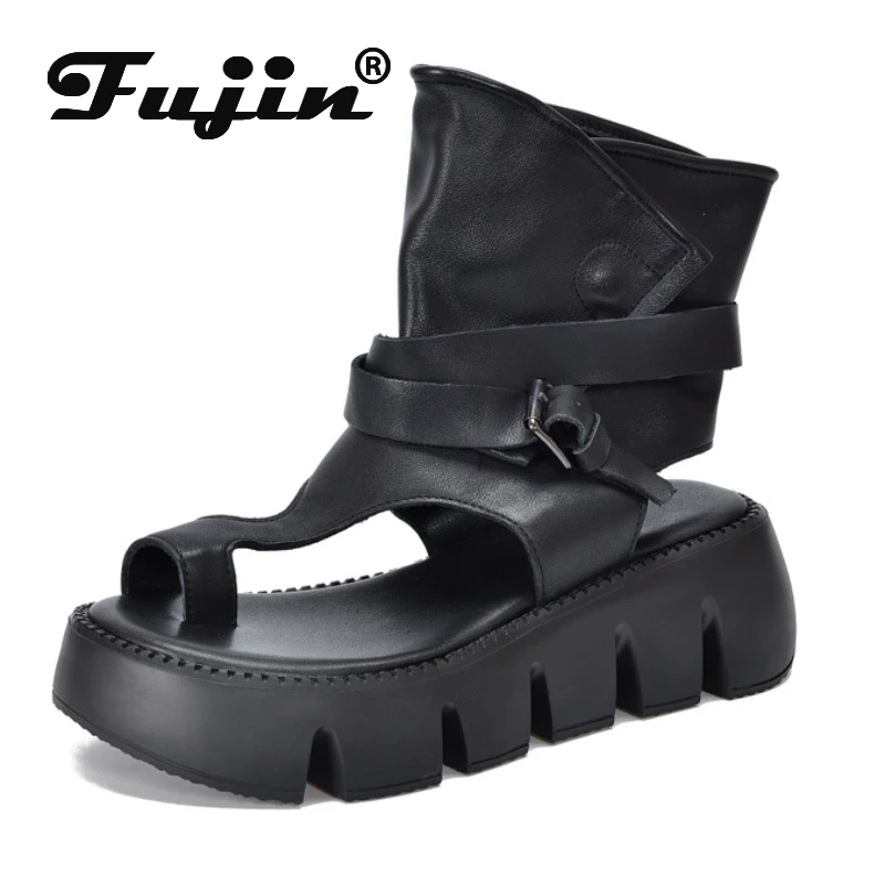 Fujin 5.5cm Natural Boots Women Shoes Genuine Leather Sandals Hollow Chimney Moccasins Fashion Summer Motorcycle Ankle Booties