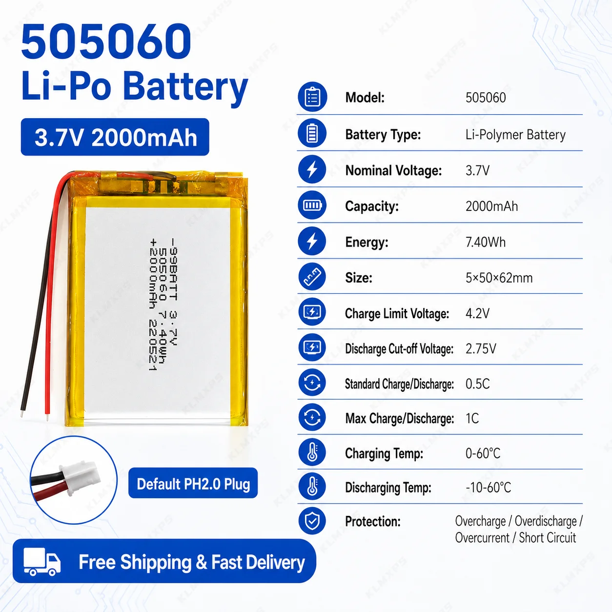 3.7V 505060 2000mAh Rechargeable Lithium Polymer Battery PH2.0 2P Connector For GPS Locator LED Light Bluetooth Speaker
