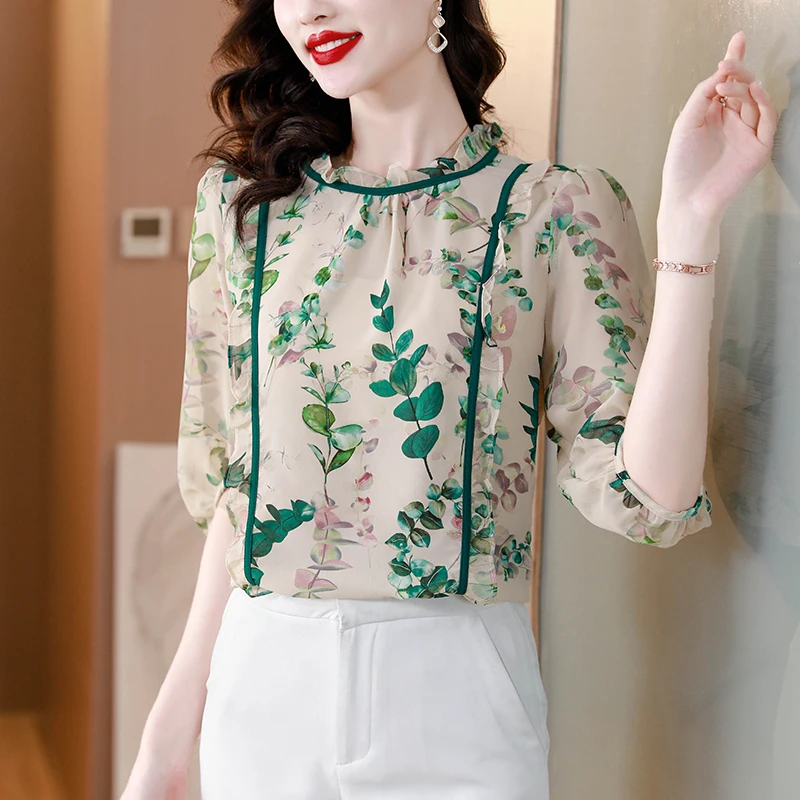 Temperament Printed Ruffled Round Neck Spring Summer New Women\'s Fashion Versatile Loose Fitting Mid Sleeved Chiffon Tops