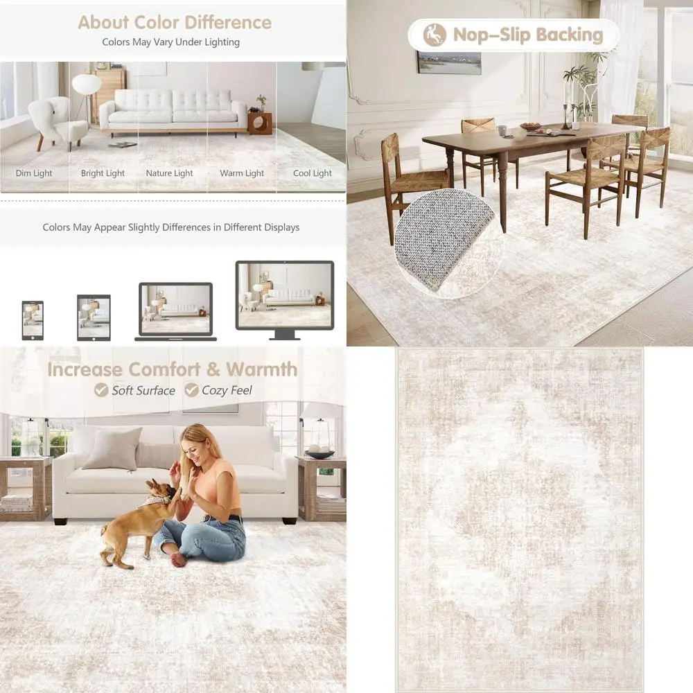 

Винтажный ковер 6x9 футов - моющийся, с эффектом состаривания, узором в виде медальона, мягким низким ворсом, нескользящий, для жилых помещений (бежевый/коричневый)