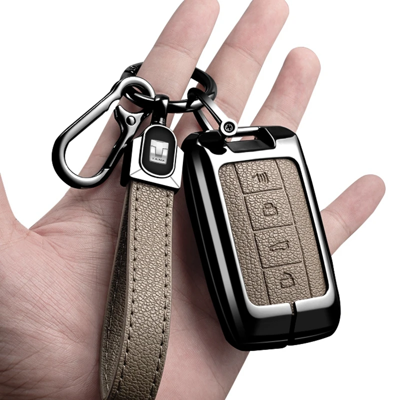 Car Zinc Alloy Leather Smart Control Smart Key Case Cover Holder Chain For Great Wall GWM WEY TANK 300 500 Tank300 Decoration
