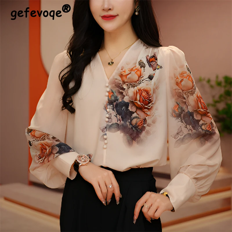 

Women Ruffled Vintage Floral Print Chiffon Blouses Office Lady Elegant Fashion V Neck Shirts Casual Long Sleeve Loose Chic Tops