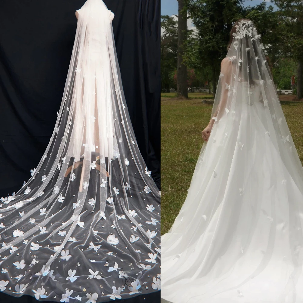 

Noble Wedding Veils with Flowers Butterfly Beaded Embellished Bridal Veil Tulle Floor Length Headwear for Brides Customized