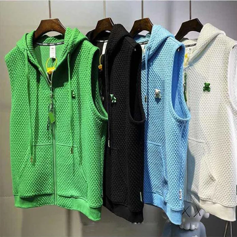 Men's Jacquard Vest Summer Hooded Sweatshirt Sleeveless T-shirt Sports Waistcoat Solid Zipper Pockets Drawstring Sweater Tops