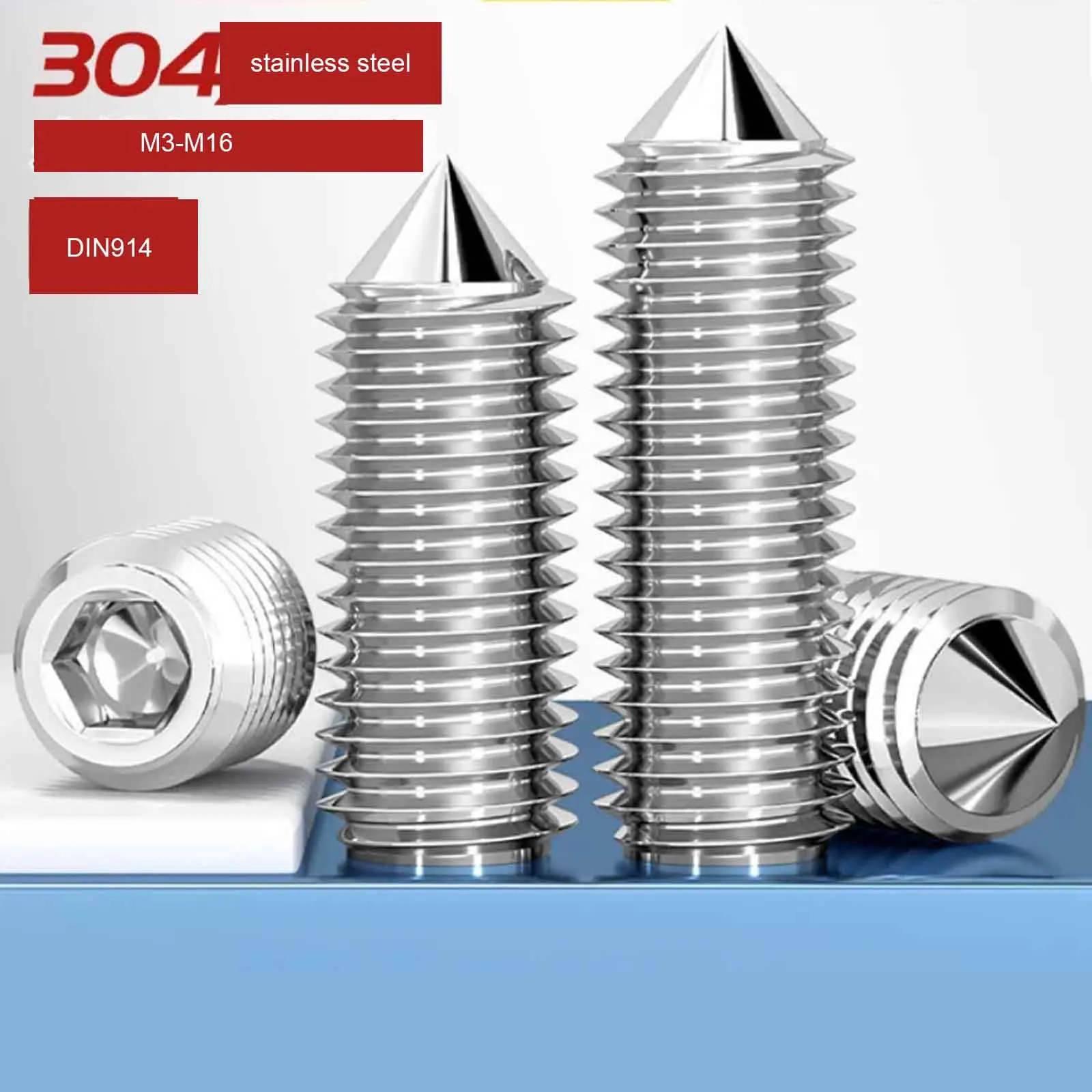 1/50pcs M3 M4 M5 M6 M8 M10 M12 M14 M16 304 Stainless Steel Cone Point Hex Socket Set Screw DIN914, Headless Grub Screw