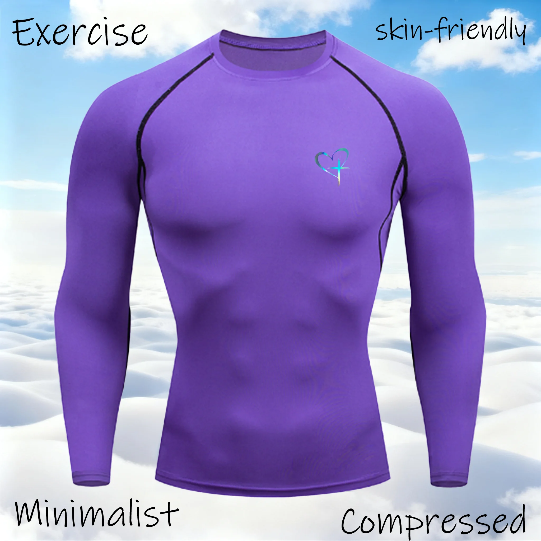 تي شيرت رياضي مطبوع عليه قلب سريع الجفاف لكمال الأجسام والجري قميص طويل الأكمام مضغوط قميص رياضي للرجال للياقة البدنية ضيق Rashgard