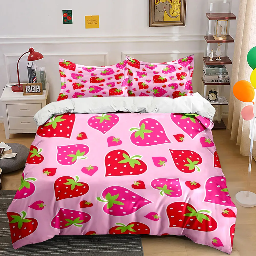 Strawberry heart pattern, pink background Printed Duvet Cover Set 1 Duvet Cover+2 Pillowcase Multi Size Bedroom Bedding Decor