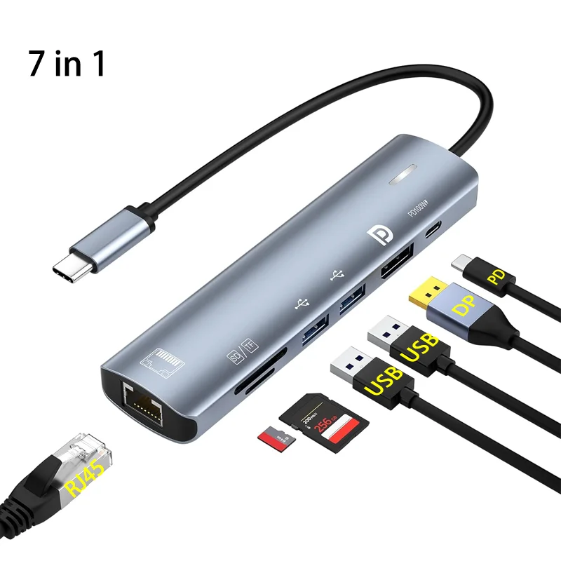 

Type C HUB with Displayport,PD100W, Ethernet, 2 USB Ports, SD/TF Multiport 7-In-1 USB to DP Adapter Docking Station 8K 60FPS