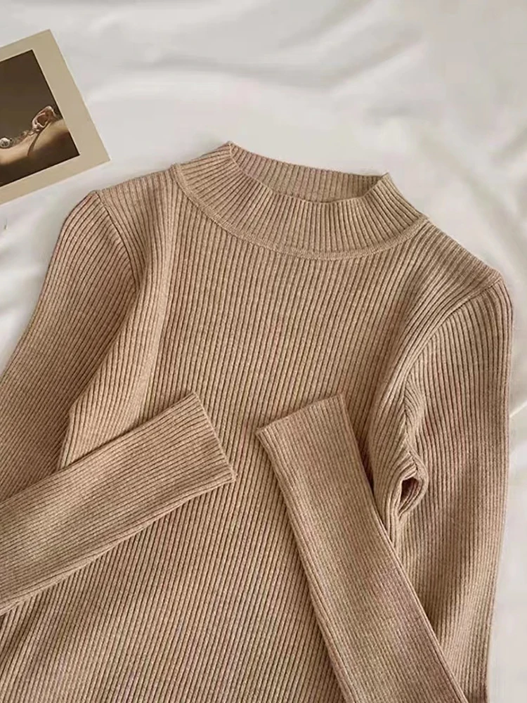 Sweter Pullover Wanita Musim Gugur Musim Dingin Turtleneck Lembut Sweter Wanita Atasan Rajutan Bergaris Lembut Melar Ramping Kasual Dasar 2025