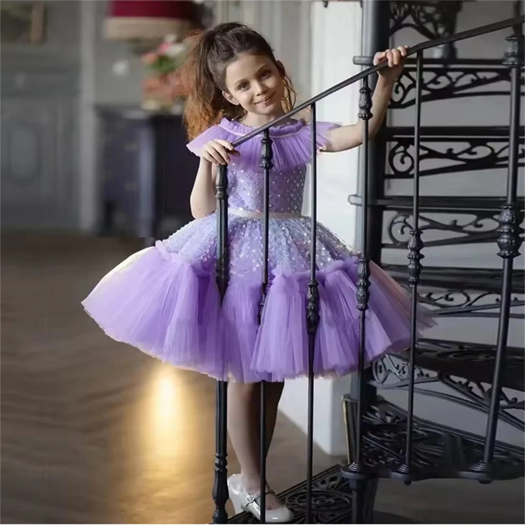 

Customized Purple Flower Girl Dresses For Wedding Sequins Knee Length With Bow Kids Birthday Party First Communion Ball Gown