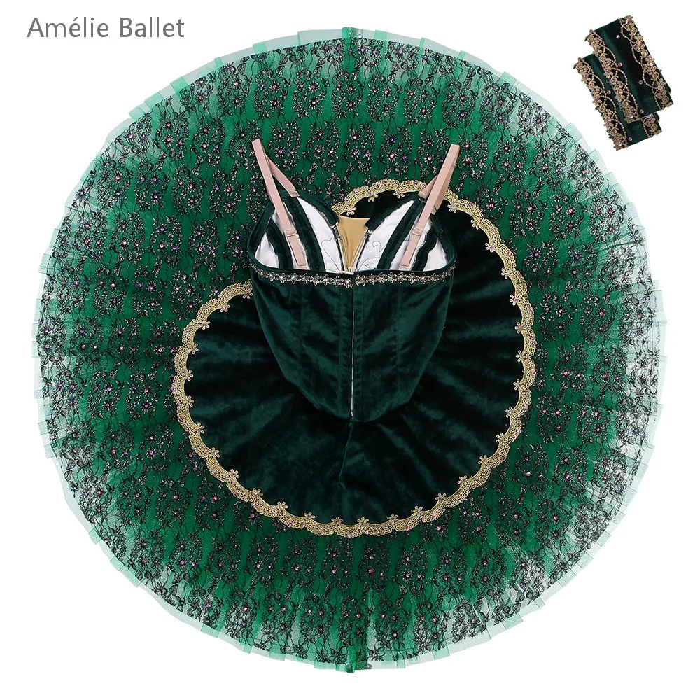 B25030 New Green Velvet Professional Ballet Tutu with Gold Trim Made-to-Order Ballet Costumes for YAGP or Stage Performance