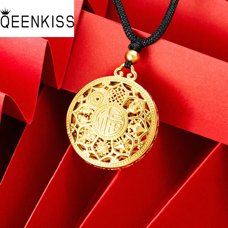 QEENKISS 24KT Gold FU Lotus Necklace Pendant Charm For Women Men Vintage Fine Wholesale Jewelry Wedding Party Mother Gift PT5123