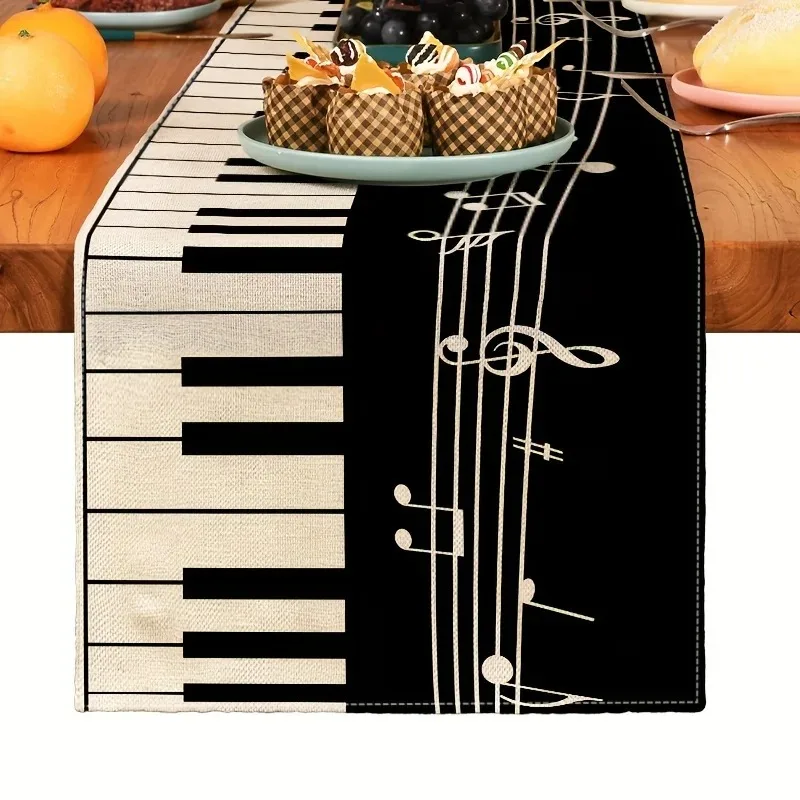 Musical Piano Keyboard Table Runner Wrinkle‑Resistant Fabric Classic Staff Note Design For Music Lover Bedroom Living Room Furni