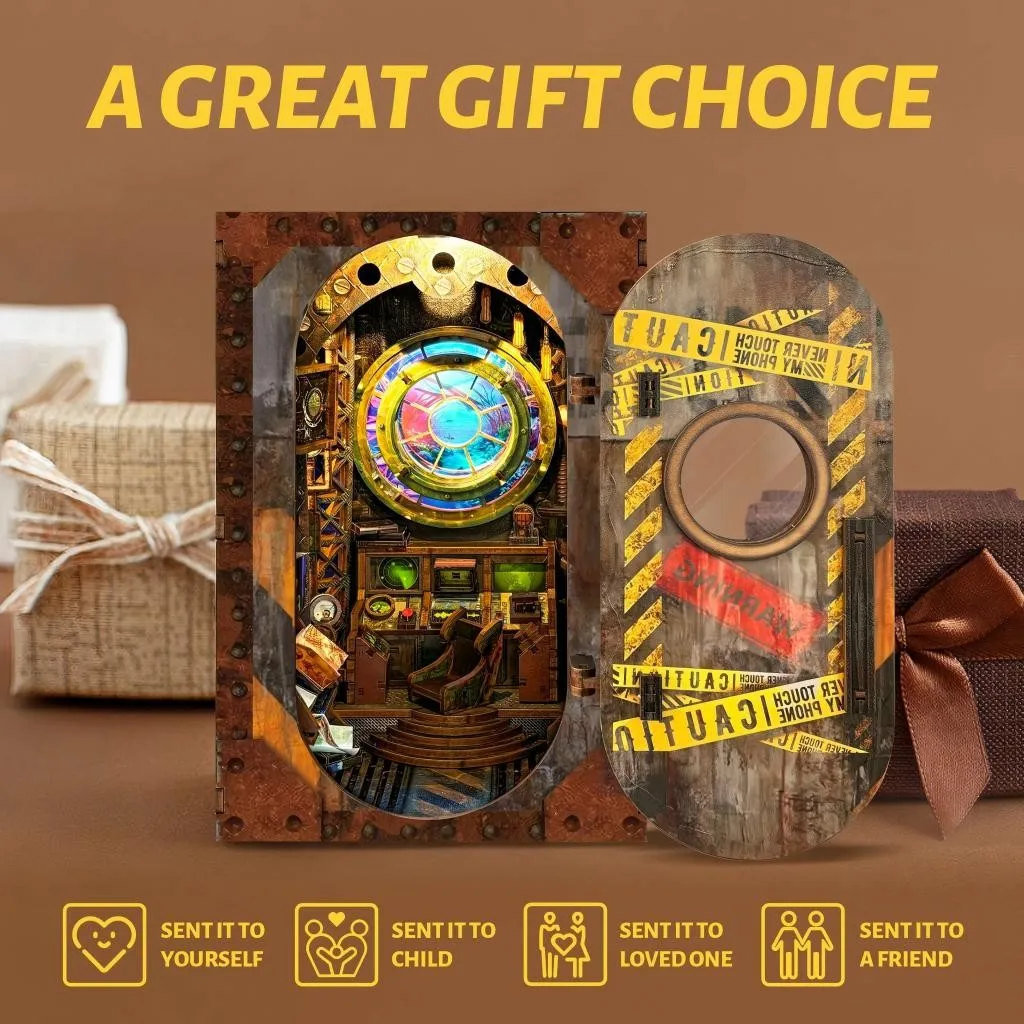 

OUZEY Deep Sea Adventure Book Nook, Vintage Submarine Wooden Model Kit, 3D Illuminated Shelf Decor for Adults