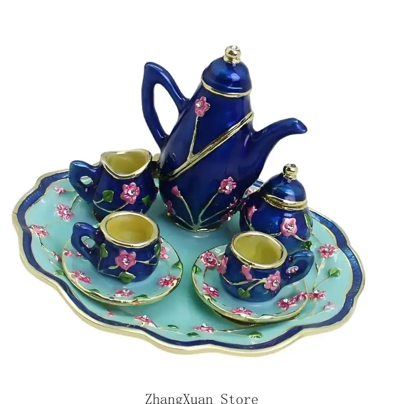Home Display Mini-Teeservice-Akzent mit kunstvollen floralen Emaille-Details, kleine Teekannen-Ornament-Schmuckkästchen – Detail 10