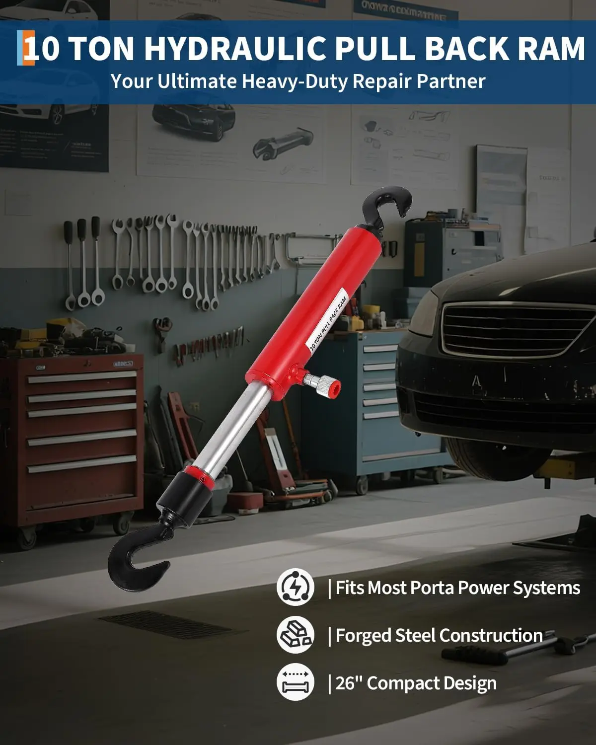 رام هيدروليكي قابل للسحب للخلف 10 طن 26 بوصة، أسطوانة شداد هيدروليكية مع خطاف لمتجر هيكل آلة إطار الطاقة #4