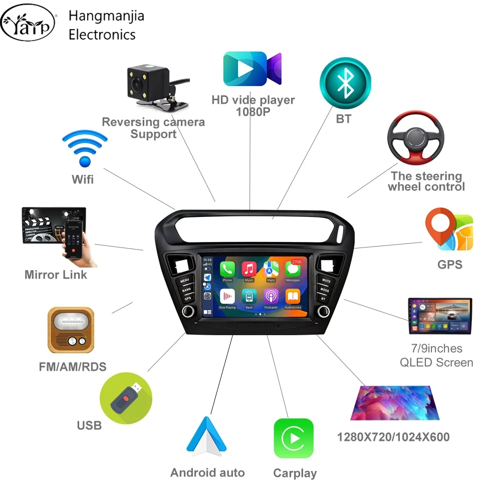 Hangmanjia-Autoradio Android CarPlay sans fil, DSP, No 2 Din DVD, KIT 301, Cristaux en Elysee, 2013, 2014, 2015, 2018