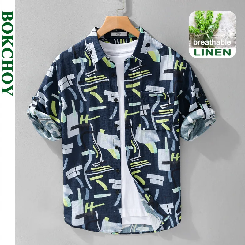 2024 Summer Newbeach Printed Half Sleeve Shirts Men Clothing Casual Thin Breathable Linen Streetwear FY539