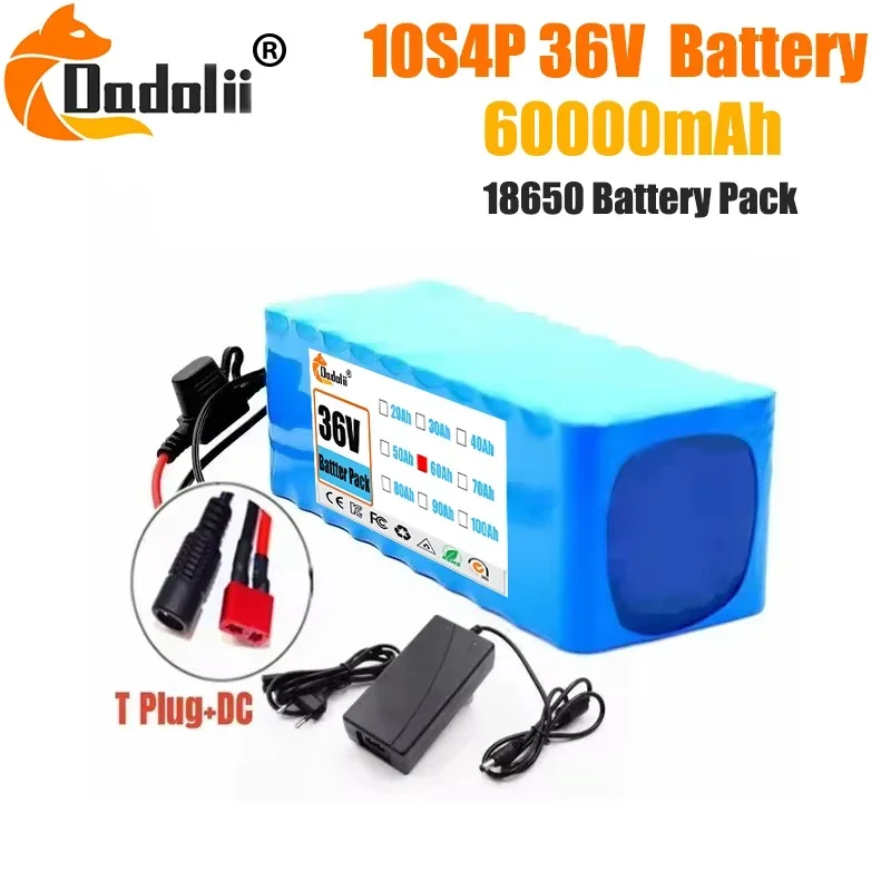 Genuine 36V 60AH Electric Bicycle Battery Built-in 20A BMS Lithium Battery Pack 36 Volt 2A Charging Ebike Battery + 42v Charger