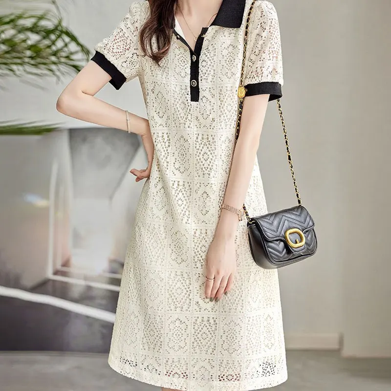 

Fashion Polo-Neck Button Dresses Elegant Hollow Out Commute Short Sleeve Women's Clothing Summer Korean Basic A-Line Midi Dress