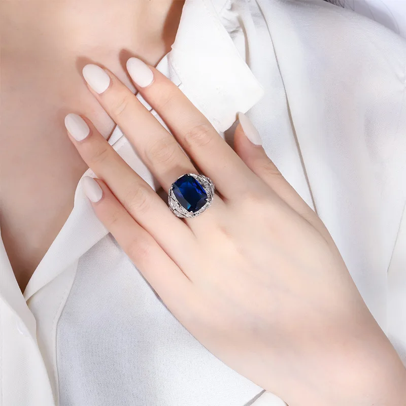 Jewelry Luxury Ruby Sapphire Hollow Geometric Textured Diamond Ladies Ring Main Stone 12*16