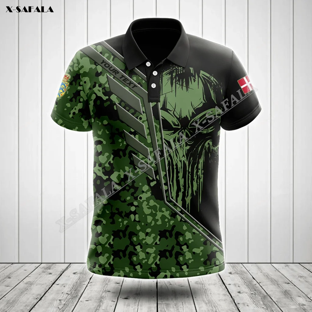 Camo Army Veteran Denmark Skull Cool Flag 3D Print Men's Adult Polo Shirt Short Top Tee High Quality Breathable Shrink-proof