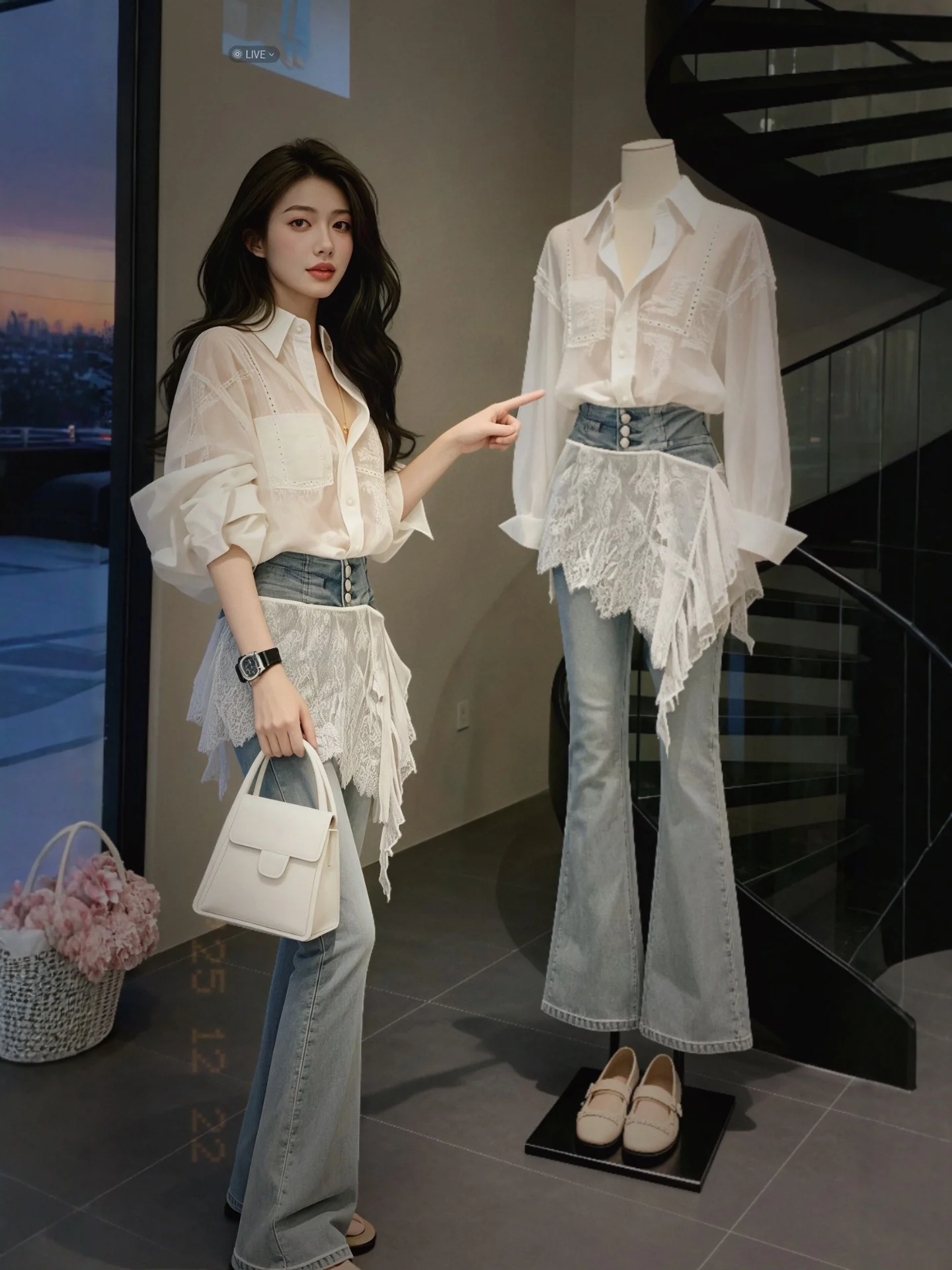 

Spring Faion Large Size Women's White irt And Me Denim Pants Set High-End Unique Sle Korean Sle Long Sve Button up