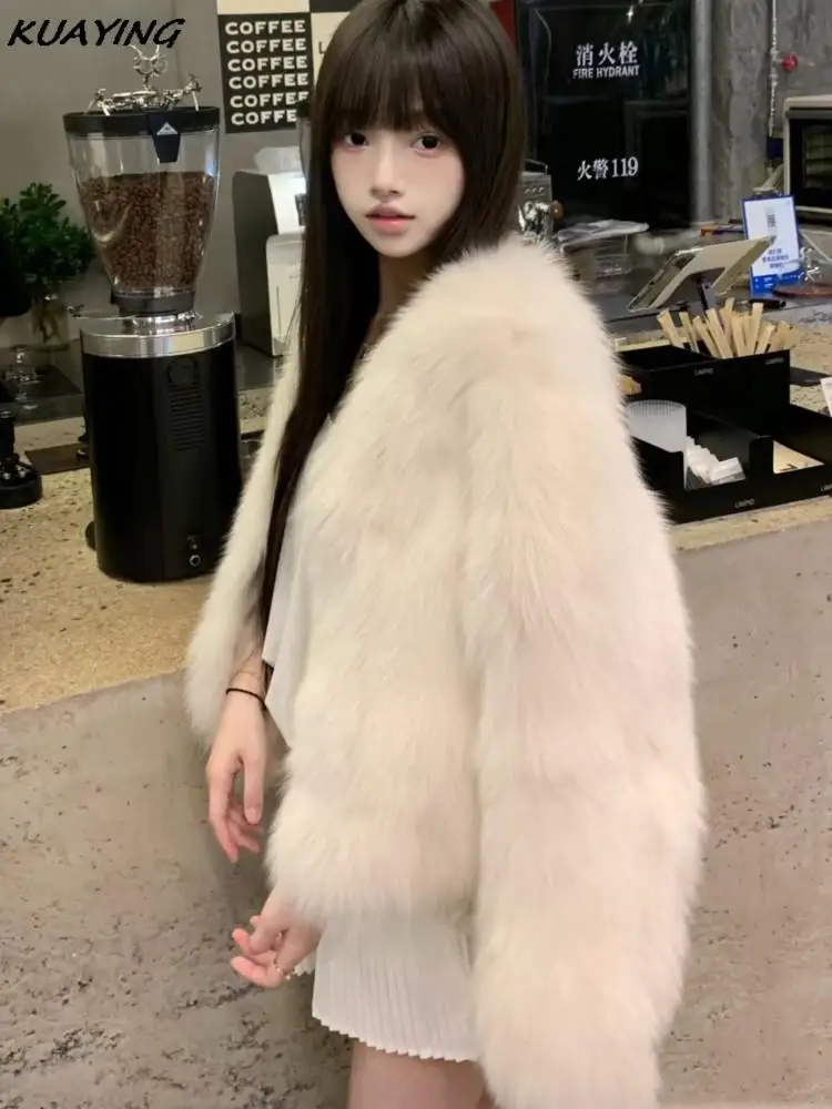 Sweet Faux Fur Coat Elegant Solid Fluffy Long Sleeve Cardigan Women's Winter Jacket Office Lady Outerwears Female New Outfits