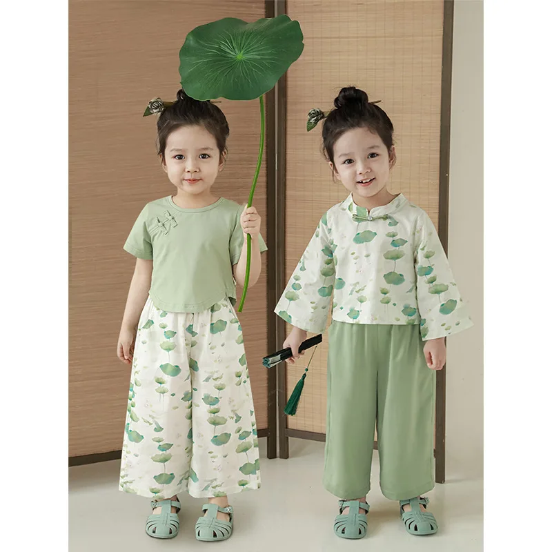 Girl's Lotus Leaf Print Set 2024 Spring New Children's Doll Shirt T-shirt Baby Casual Pants