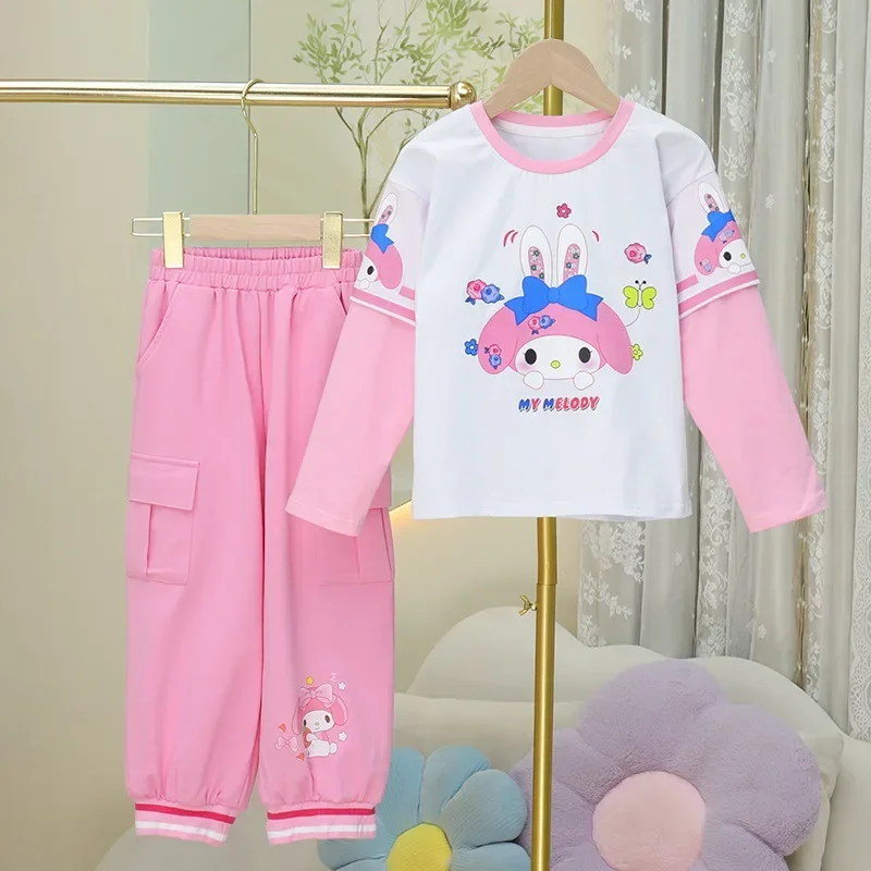 Sanrio camiseta de manga comprida infantil, My Melody Ins, fofa moda Cinnamoroll, calça casual de duas peças, presentes Kawaii, primavera e outono