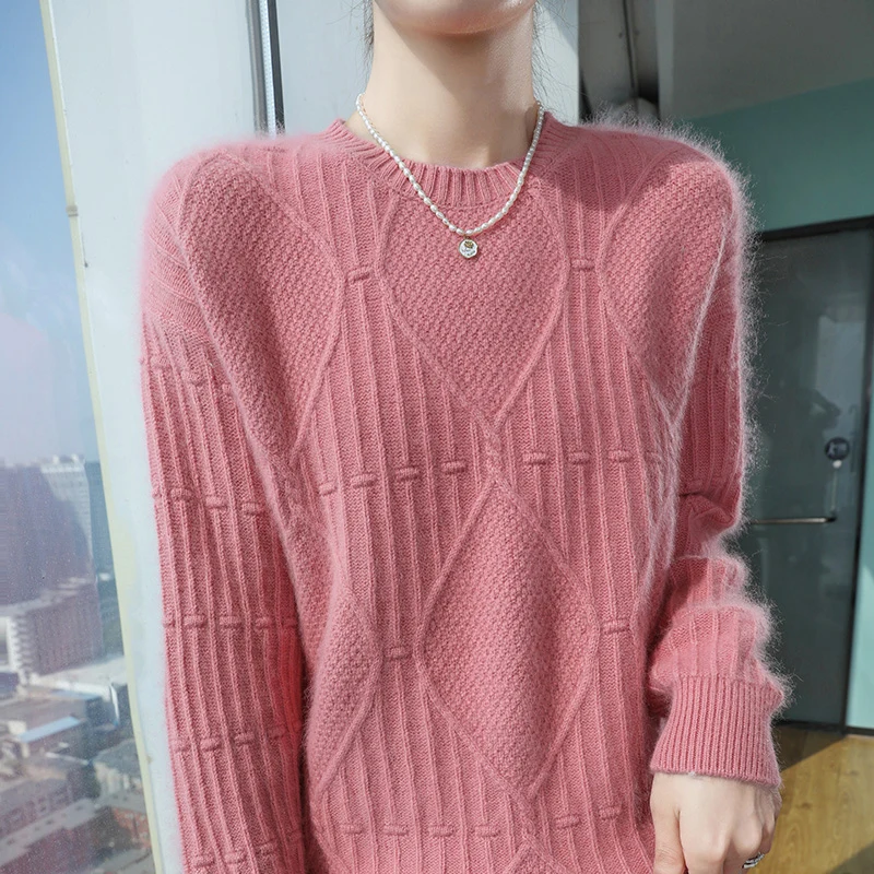 100 المنك الكشمير محبوك المرأة س الرقبة البلوز سترة لربيع مريح ورائع كامل الأكمام المرأة منتج جديد #2