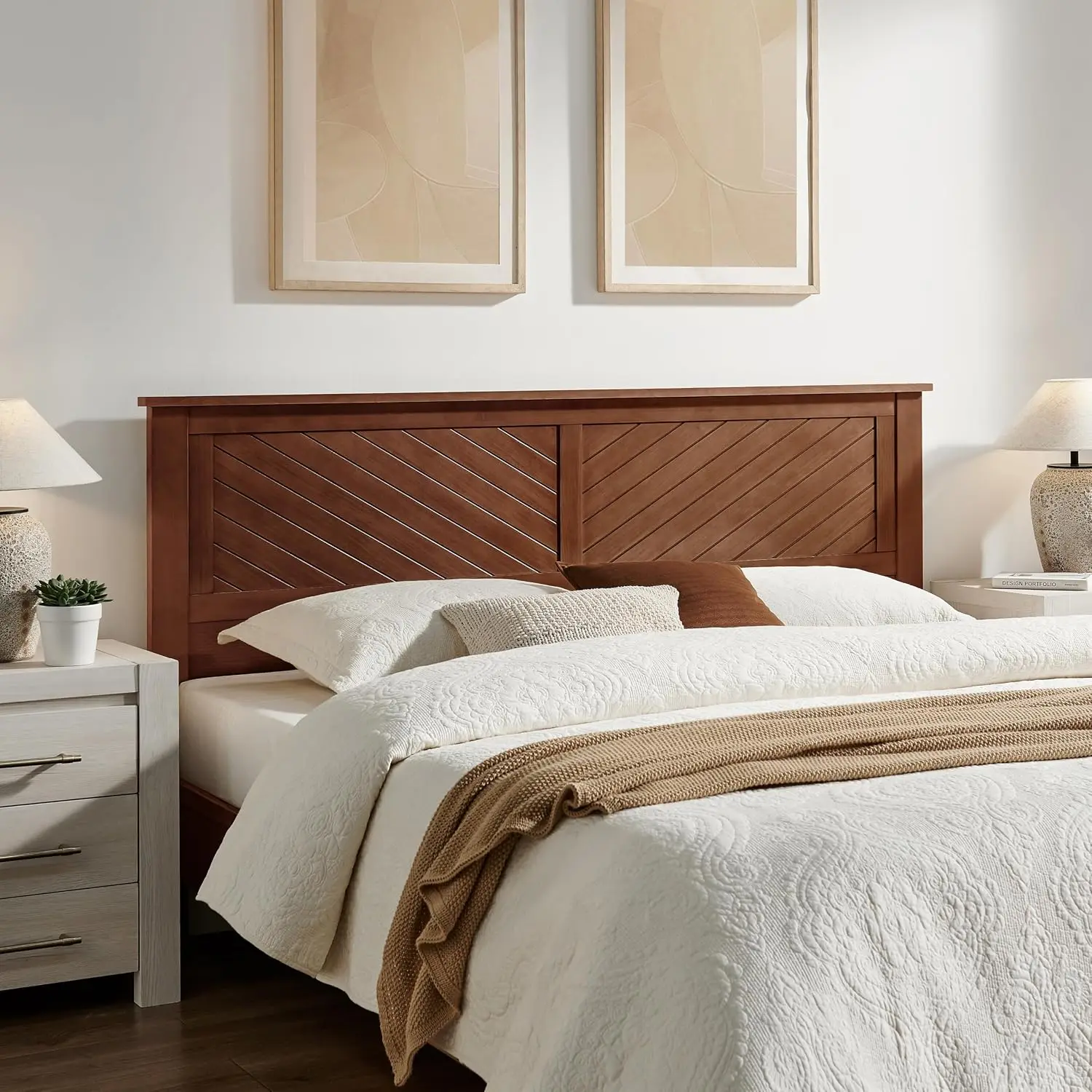 Walnut Wood Panel Headboard with Chevron Pattern, King Size, Customized